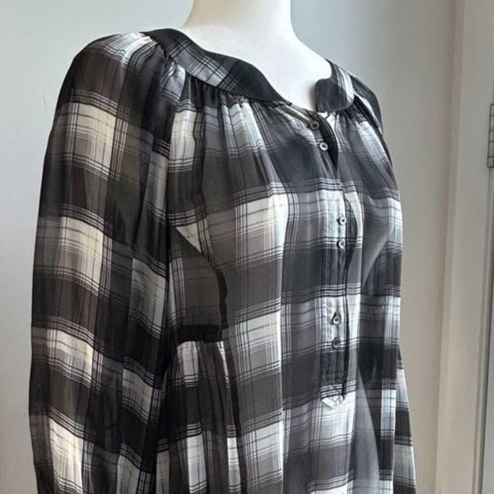 BCBGMaxAzria Sheer Plaid Chiffon Tunic With Notched Neckline & Flowy Fit – US S